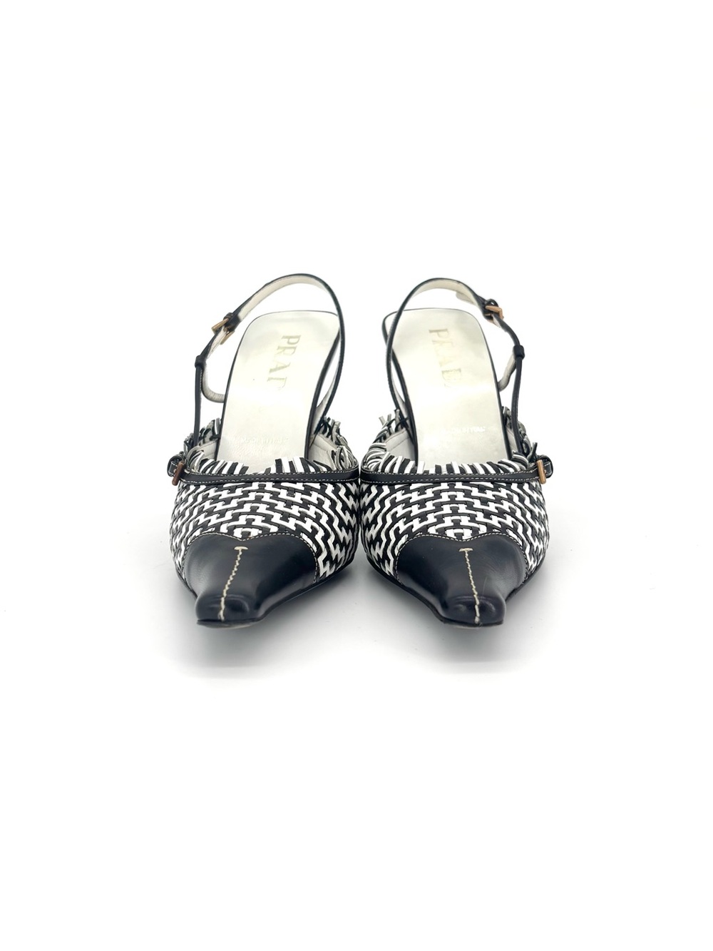 Prada Retro Vintage Cap Toe Mini Buckle Fringe Embellished Slingback Pumps 37 - Picture 3 of 9